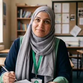 A teacher marking essays at her desk, wearing an Elevate Grade lanyard