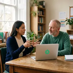 Two educators planning together at a table, an Elevate Grade sticker on the laptop