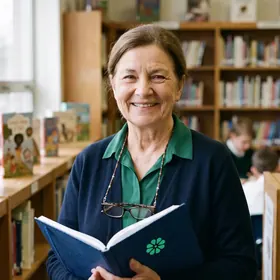 A teacher in a school library holding a notebook with the Elevate Grade mark