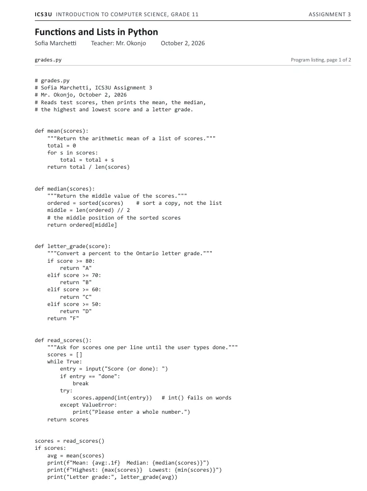Page one of Sofia Marchetti's printed Python listing as she handed it in, nothing marked yet.