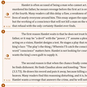 An English essay on Hamlet marked by Margin, each paragraph boxed with its mark out of ten